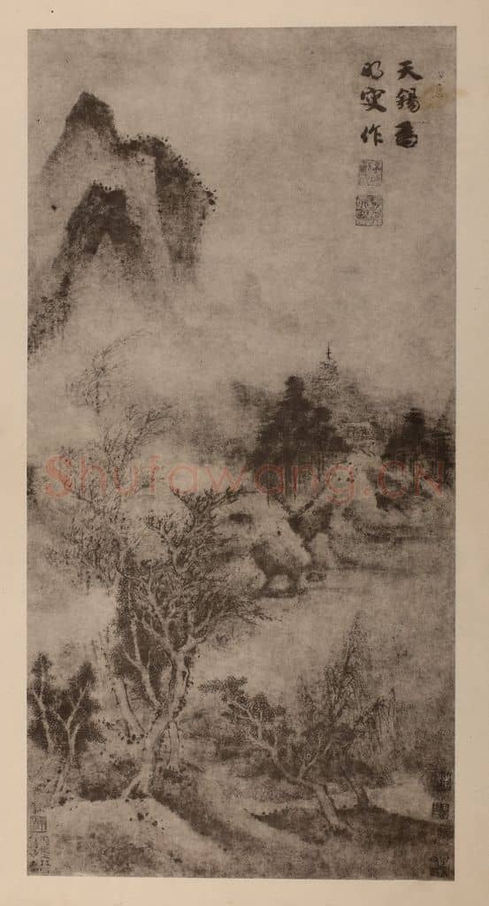 元 郭畀《秋山萧寺图轴》国画作品