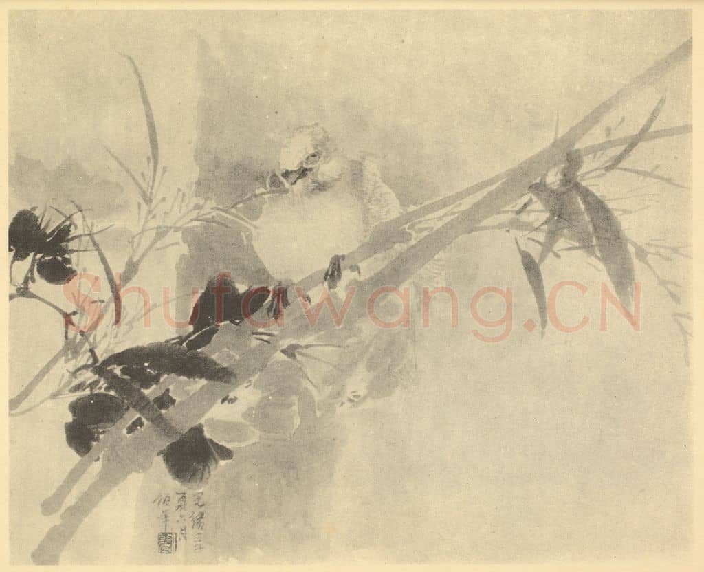 清 任颐《竹树鸽子图》国画作品