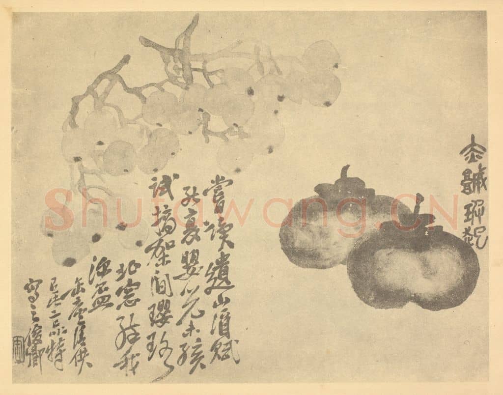 清 吴昌硕《葡萄·柿实》国画作品