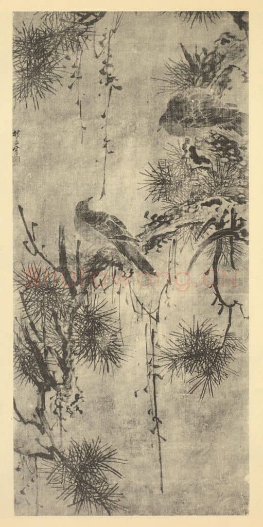 明 林良《乔枝栖鸟图》国画作品