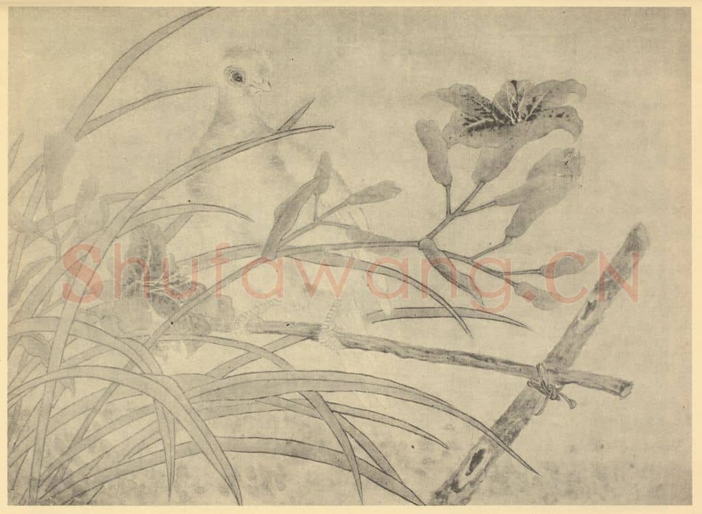 清 陆恢《萱草鹁鸽图》国画作品