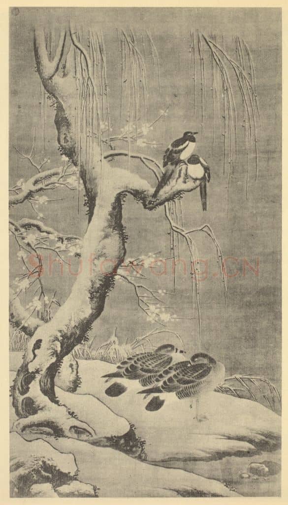 明 吕纪《雪岸双鸿图》国画作品