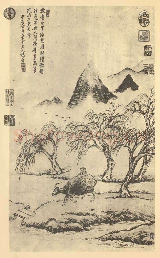 清 杨晋《画柳塘春牧》国画作品