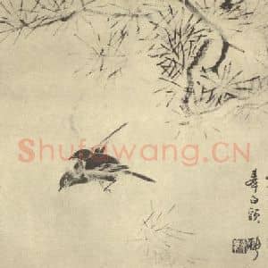 清代 罗聘国画作品《松双鸟》摘自 南画大成 卷六