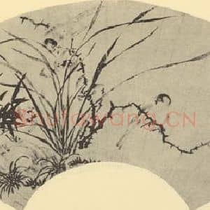 明代 文征明国画作品《兰竹双禽图便面》摘自 南画大成 卷六