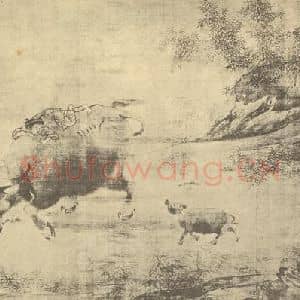 宋代 李唐国画作品《乳牛图》摘自 南画大成 卷七