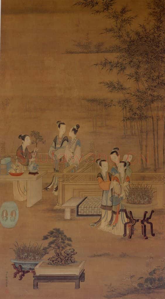 清 丁观鹏《宫妃话龙图》书画作品