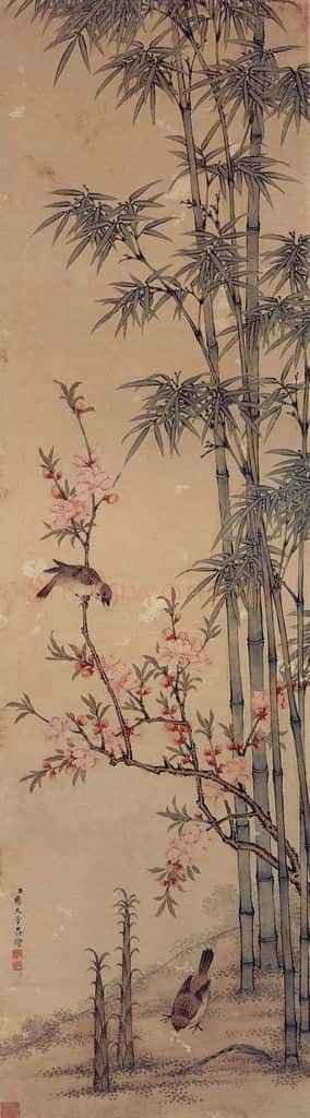 清 杨大章《桃竹双雀图》书画作品
