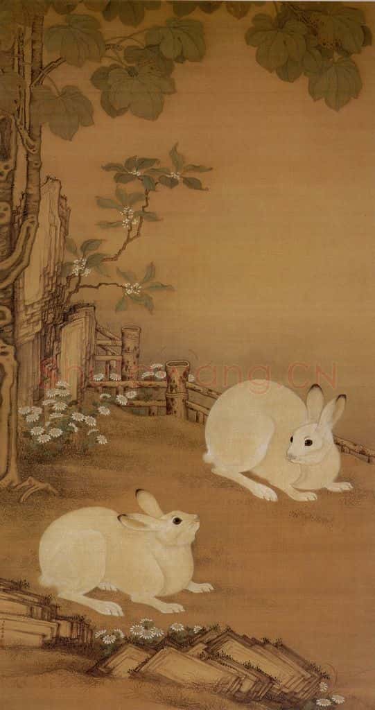 清 冷枚《梧桐双兔图》书画作品