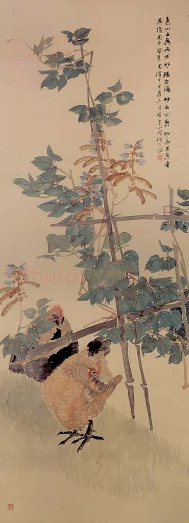 清 任颐《豆架双鸡图》书画作品
