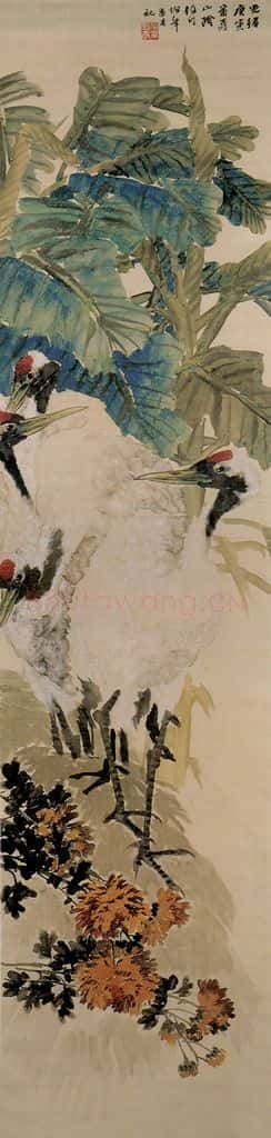 清 任颐《蕉菊仙鹤图》书画作品