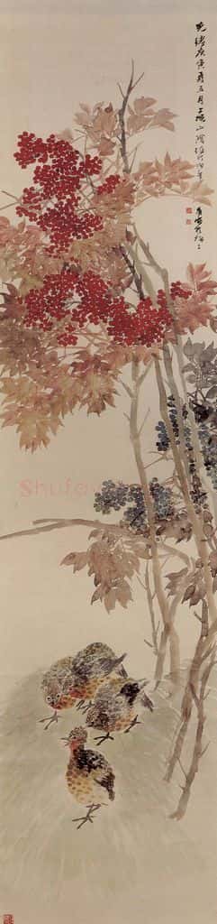 清 任颐《天竹鹌鹑图》书画作品