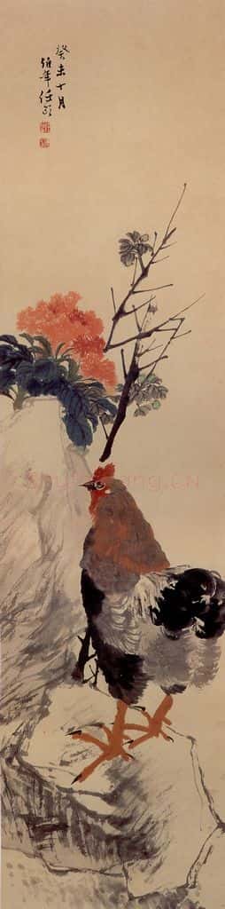 清 任颐《雄鸡花石图》书画作品