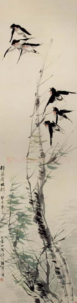 清 任颐《风柳群燕图》书画作品