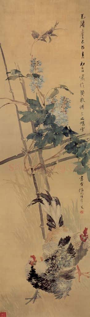 清 任颐《紫藤双鸡图》书画作品