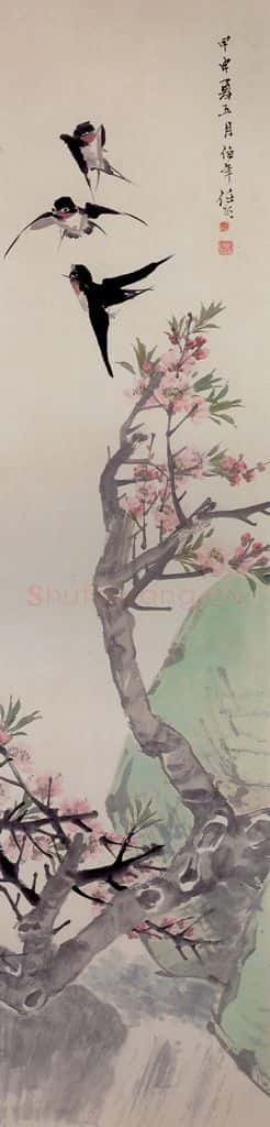 清 任颐《碧桃春燕图》书画作品