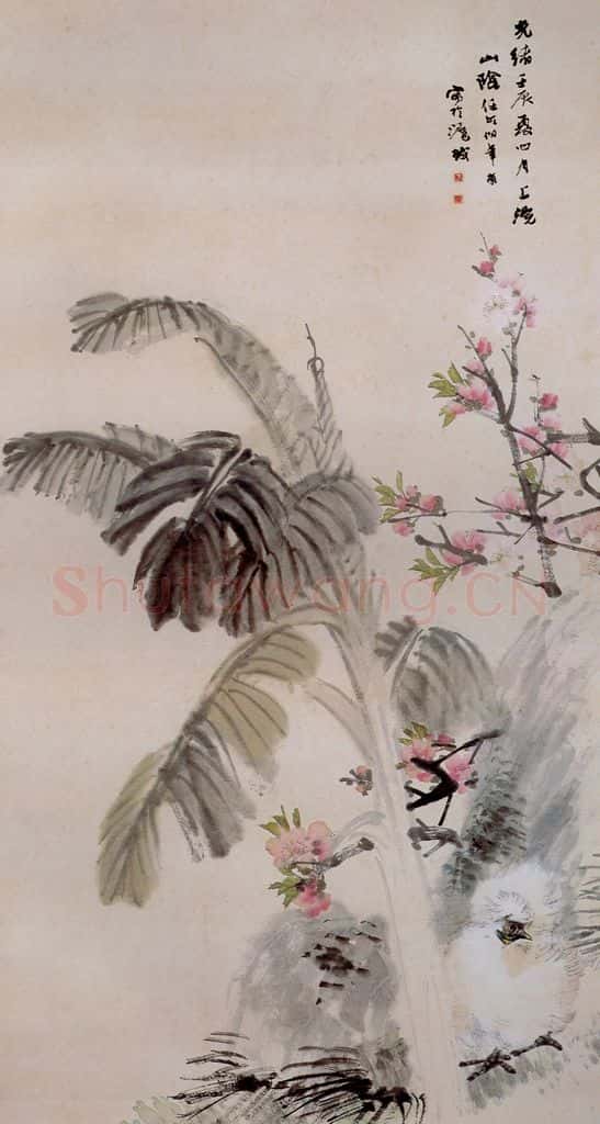 清 任颐《桃花白鸡图》书画作品