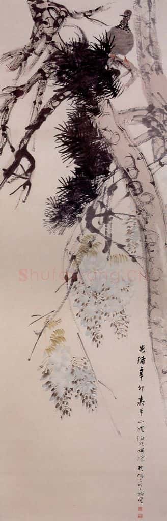 清 任颐《苍松鹧鸪图》书画作品