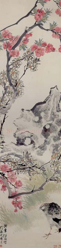 清 任颐《桃梨鹌鹑图》书画作品