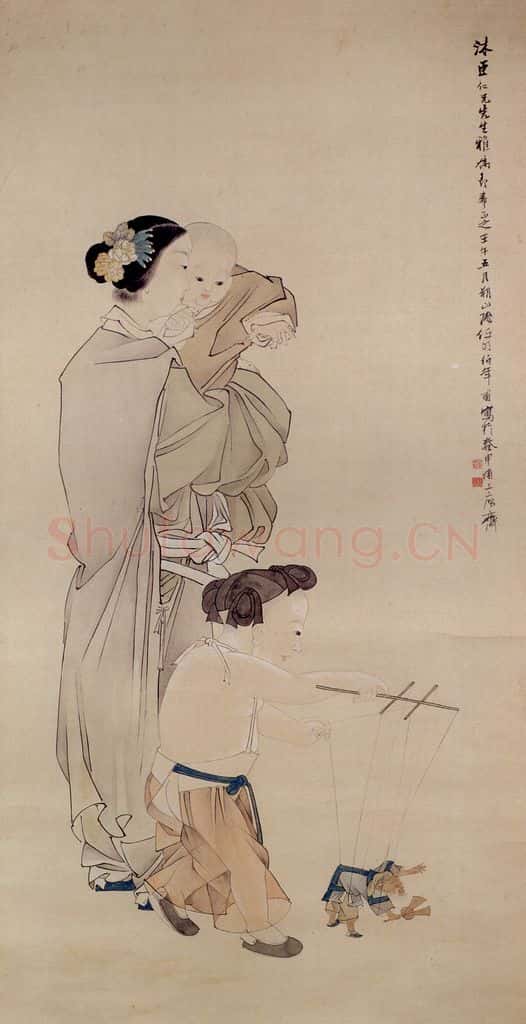 清 任颐《仕女婴戏图》书画作品