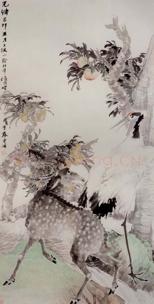 清 任颐《绥山鹤鹿图》书画作品