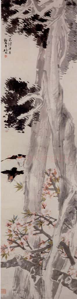 清 任颐《桃柏双燕图》书画作品