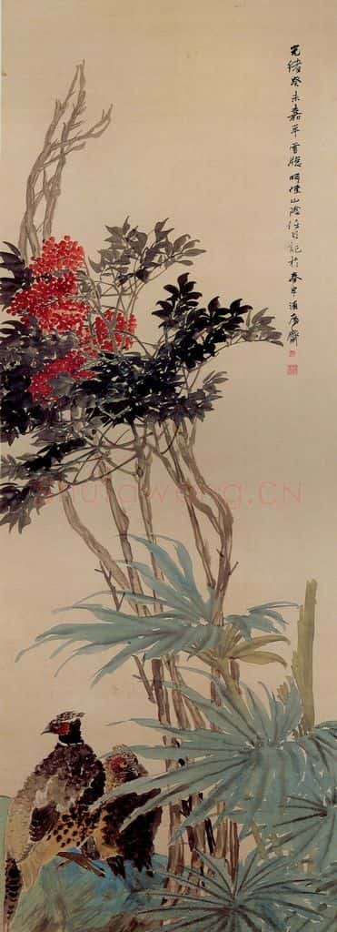 清 任颐《天竹雉鸡图》书画作品