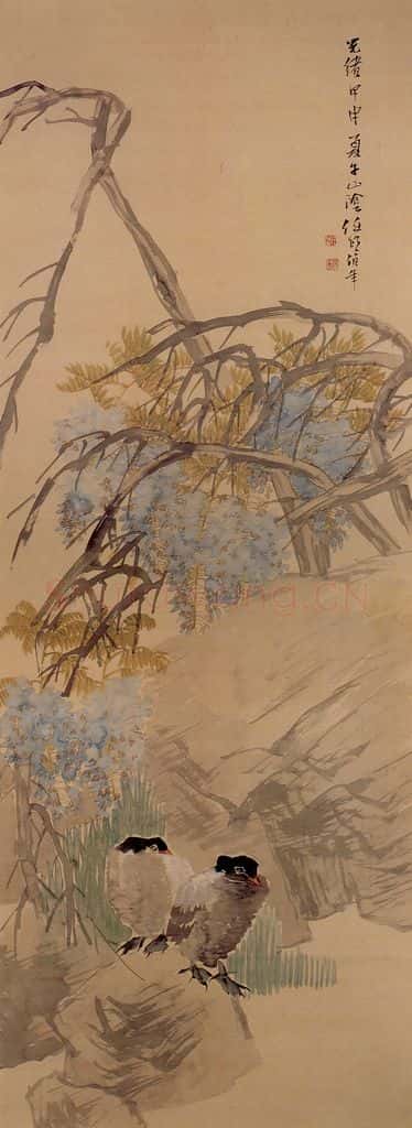 清 任颐《紫藤双鸟图》书画作品