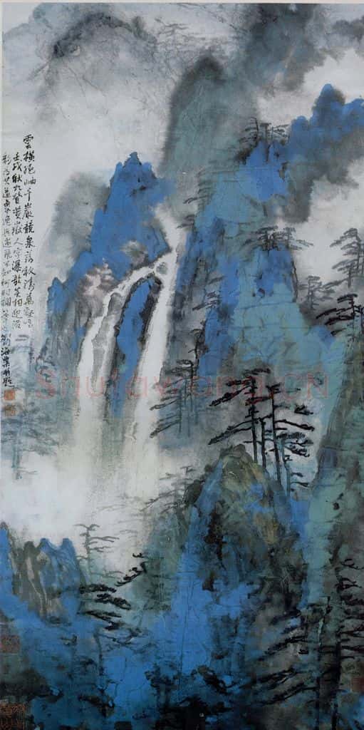1982年 刘海粟 泼彩黄岳人字瀑 书画作品