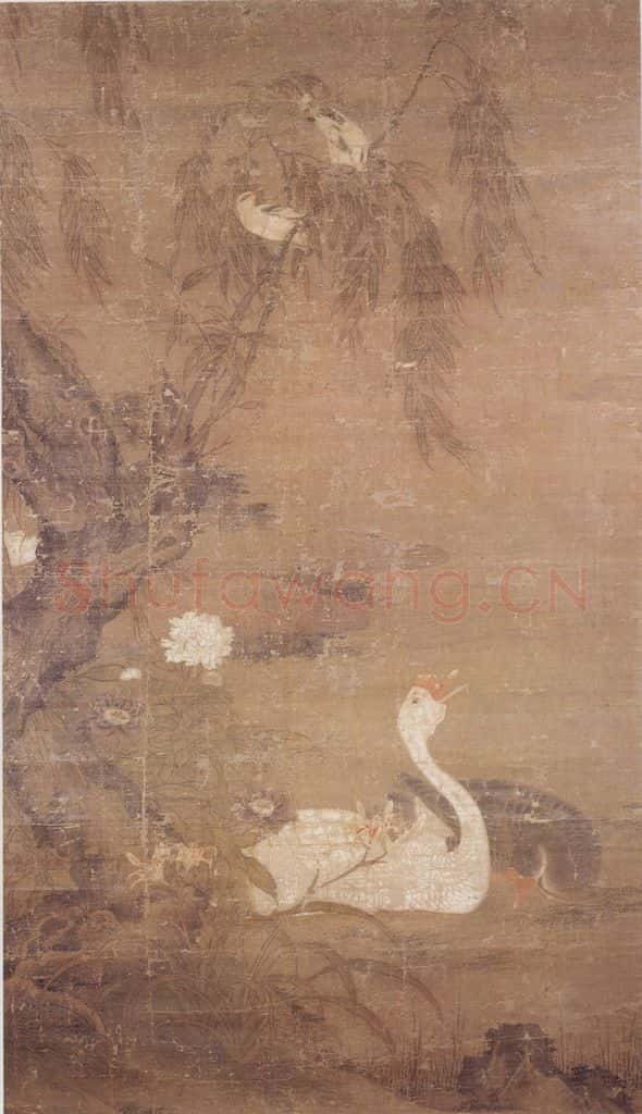 明 吕纪 柳塘双鹅图 书画作品