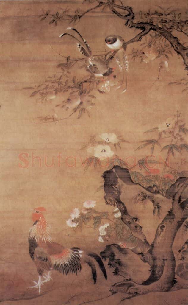明 吕纪 榴葵绶鸡图 书画作品