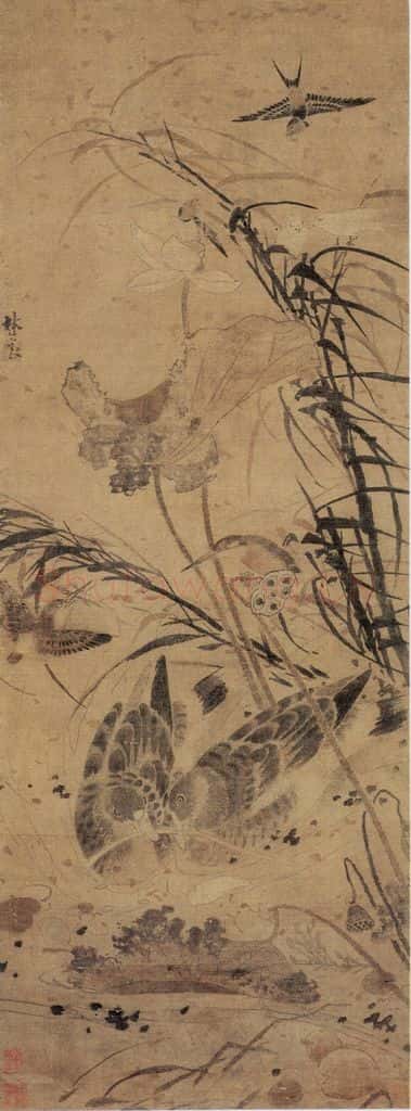 明 林良 荷塘集禽图 书画作品