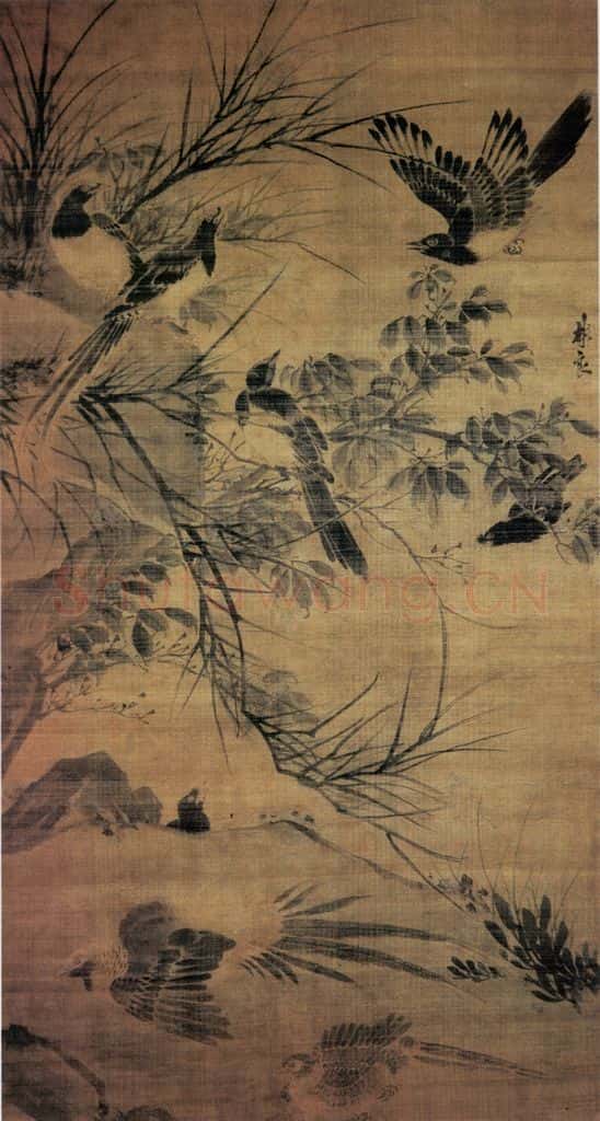 明 林良 秋坡集禽图 书画作品