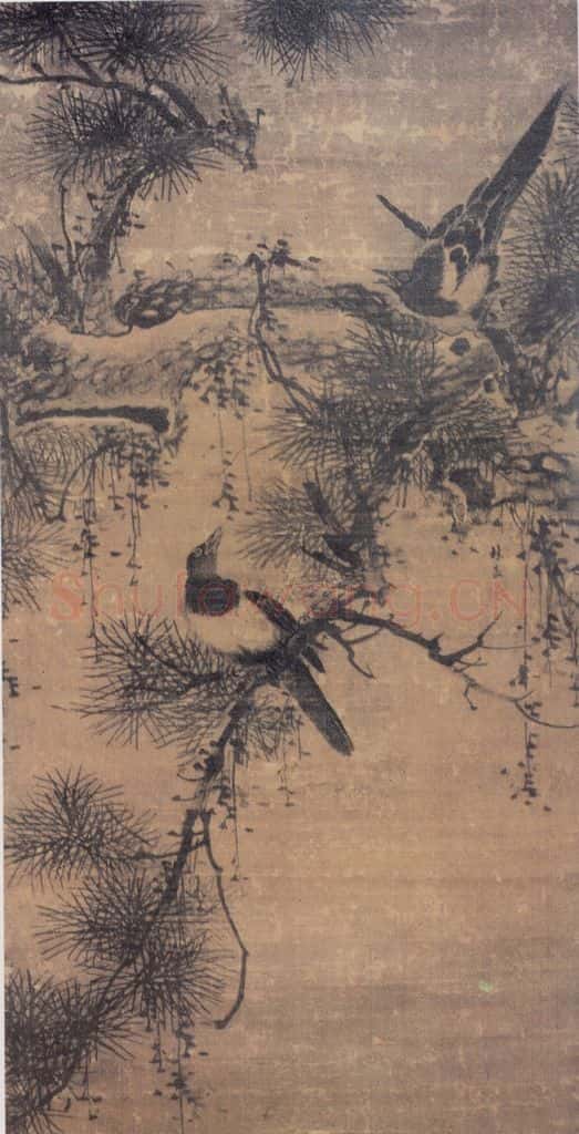 明 林良 喜鹊古松图 书画作品