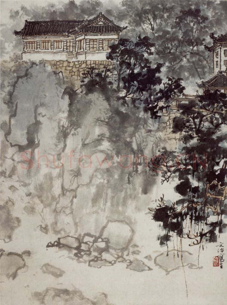 60年代 宋文治《桃花溪上》书画作品