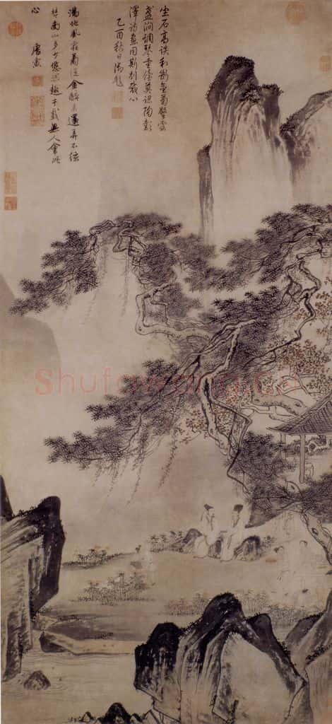 明 唐寅《东篱赏菊图》书画作品