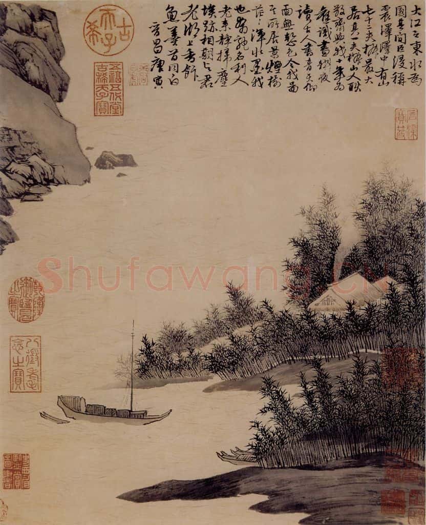 明 唐寅《震泽烟树图》书画作品