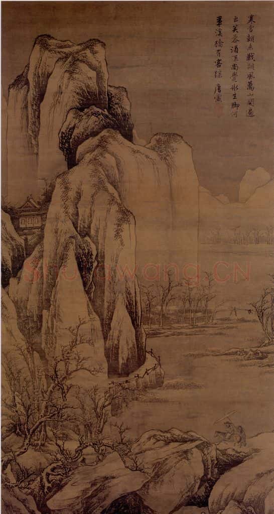 明 唐寅《雪山行旅图》书画作品