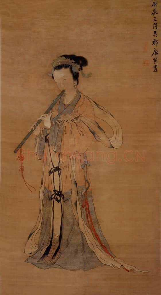 明 唐寅《吹箫仕女图》书画作品