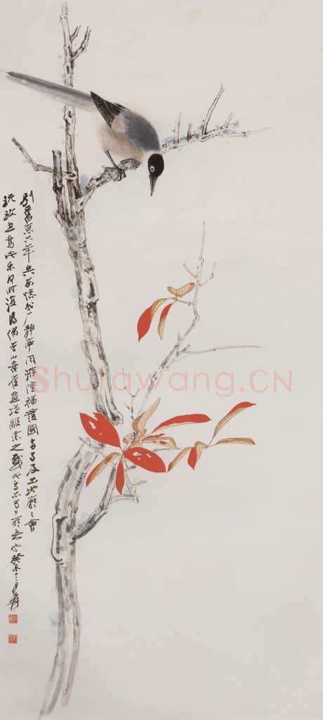  张大千《红叶喜鹊图轴》书画作品