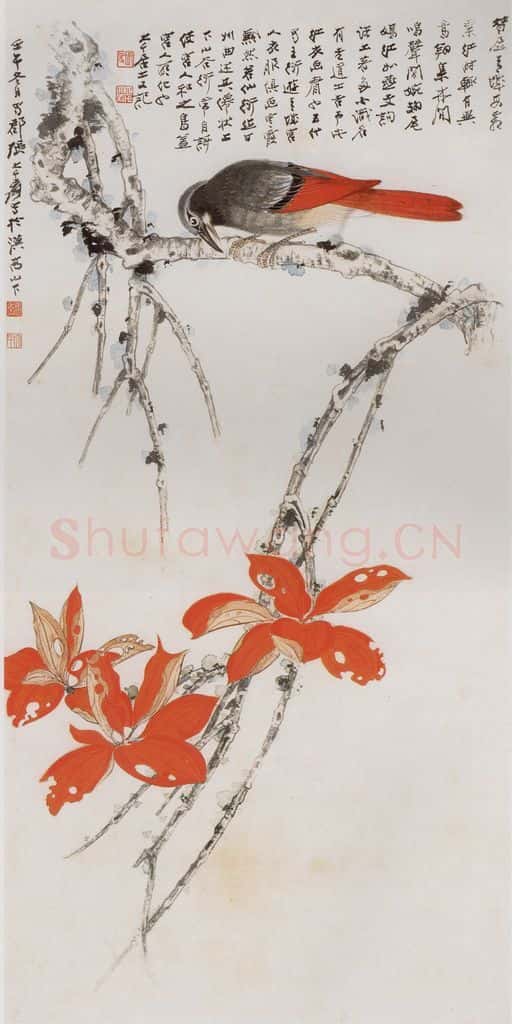 张大千《红衣画眉图轴》书画作品