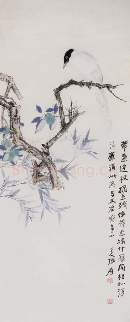 张大千《青梅白羽图轴》书画作品