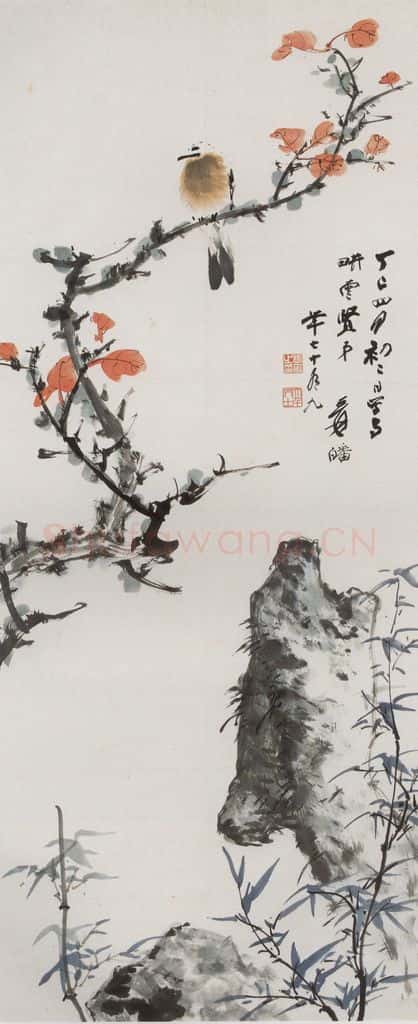 张大千《红叶小鸟图轴》书画作品