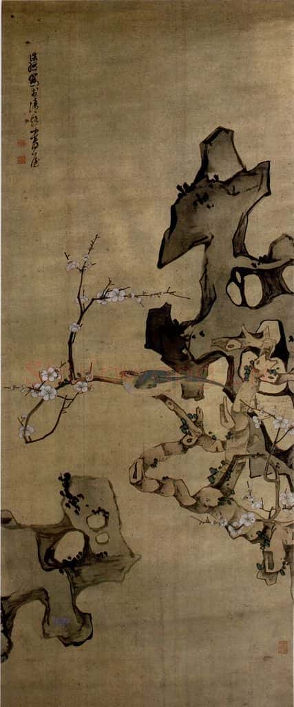 1638年 陈洪绶《梅石山禽图轴》书画作品