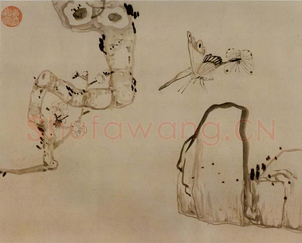 1639年 陈洪绶《梅石蛱蝶图卷》书画作品