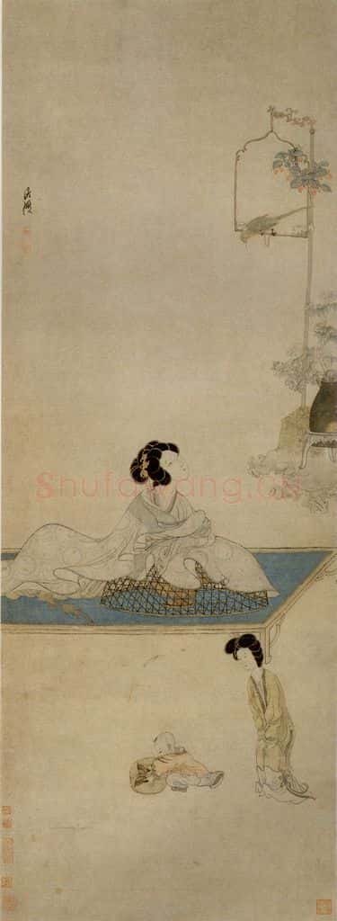 1639年 陈洪绶《斜倚熏笼图轴》书画作品