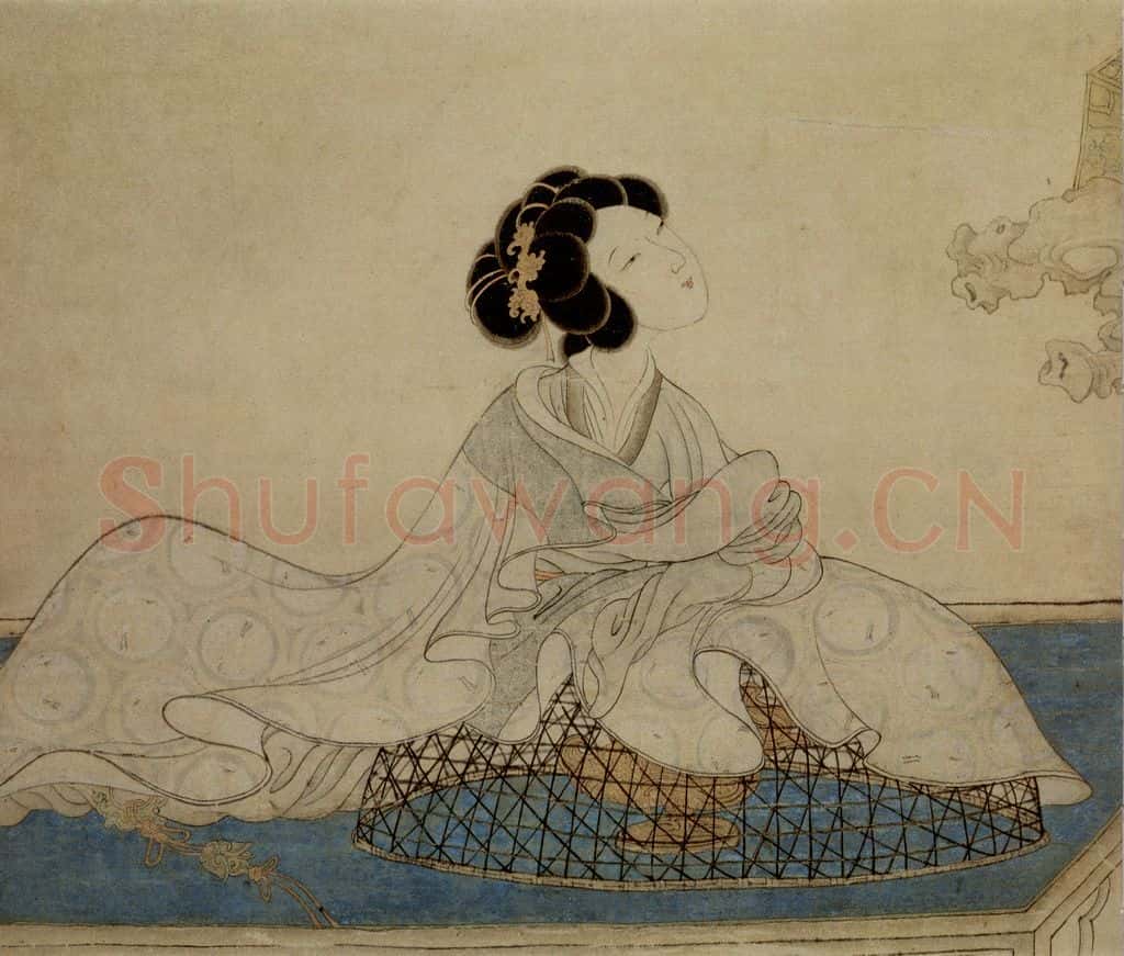 1639年 陈洪绶《斜倚熏笼图轴》书画作品