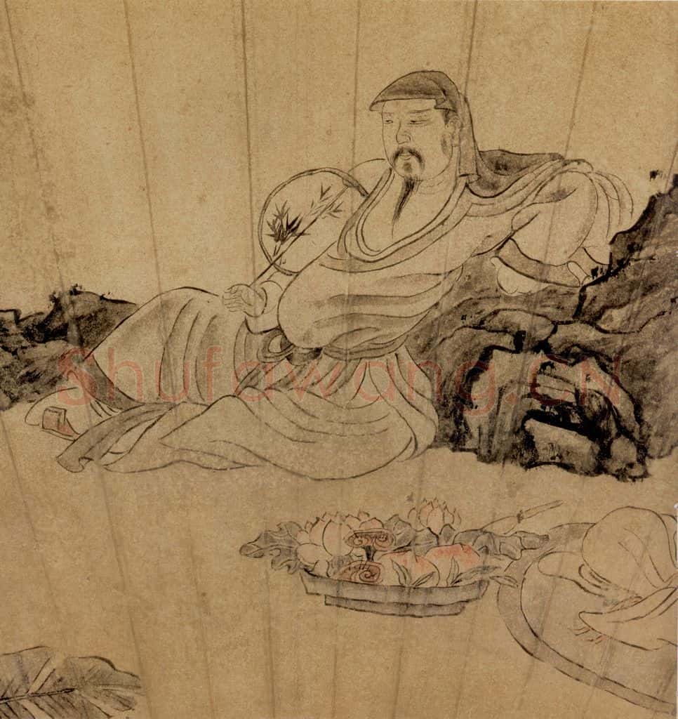 1647 陈洪绶《倚石听阮图扇》书画作品
