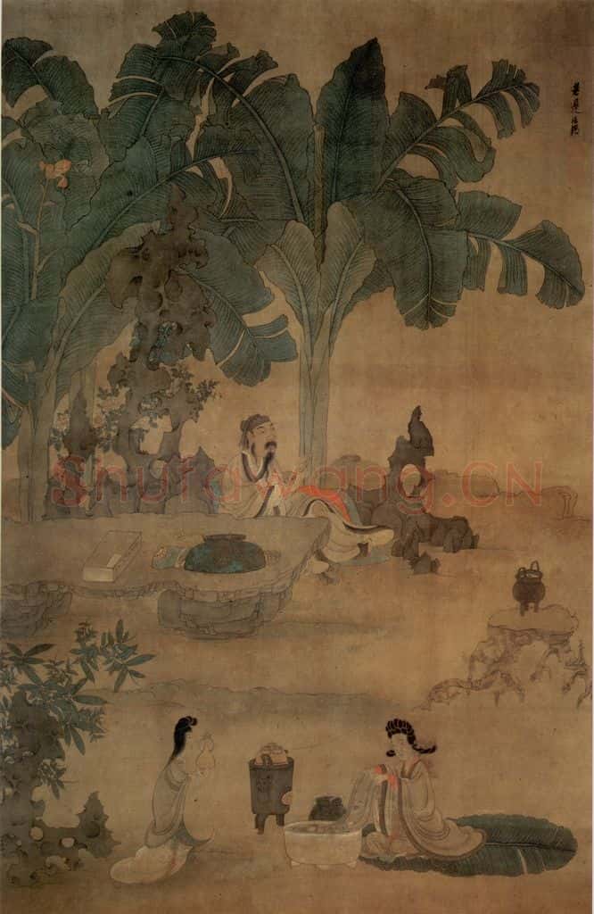 1649 陈洪绶《蕉林酌酒图轴》书画作品