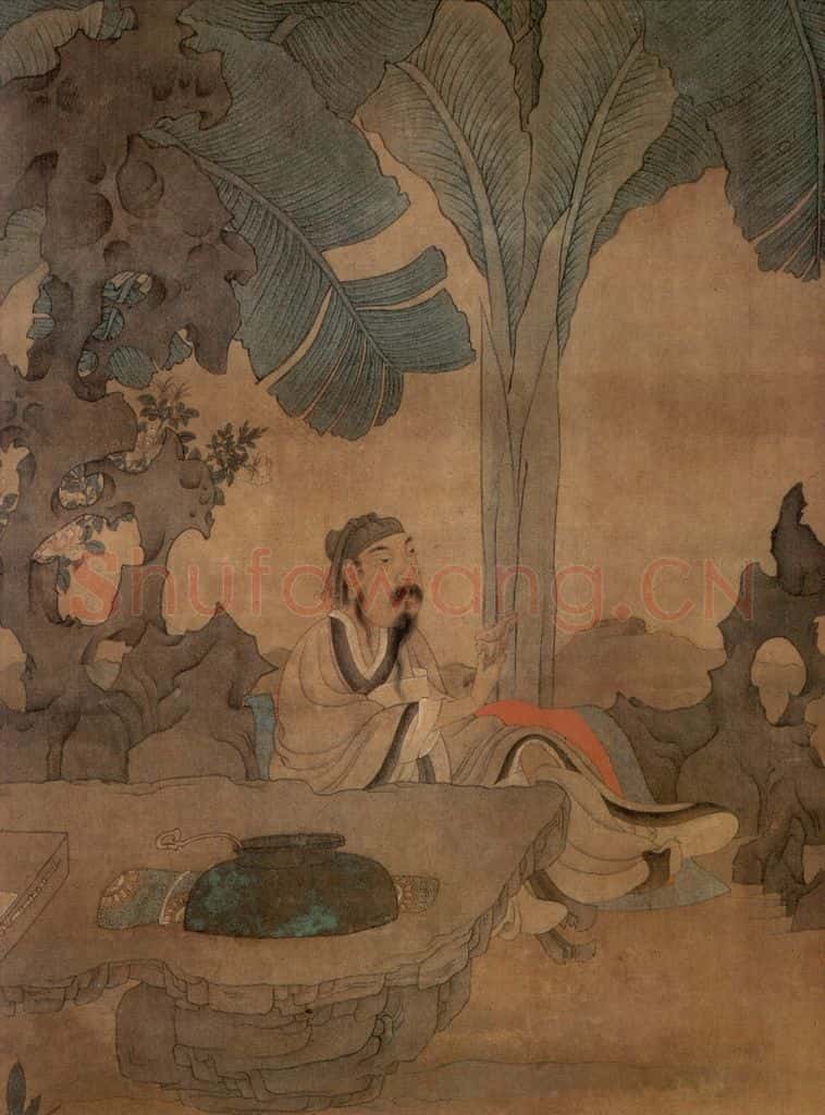 1649 陈洪绶《蕉林酌酒图轴》书画作品